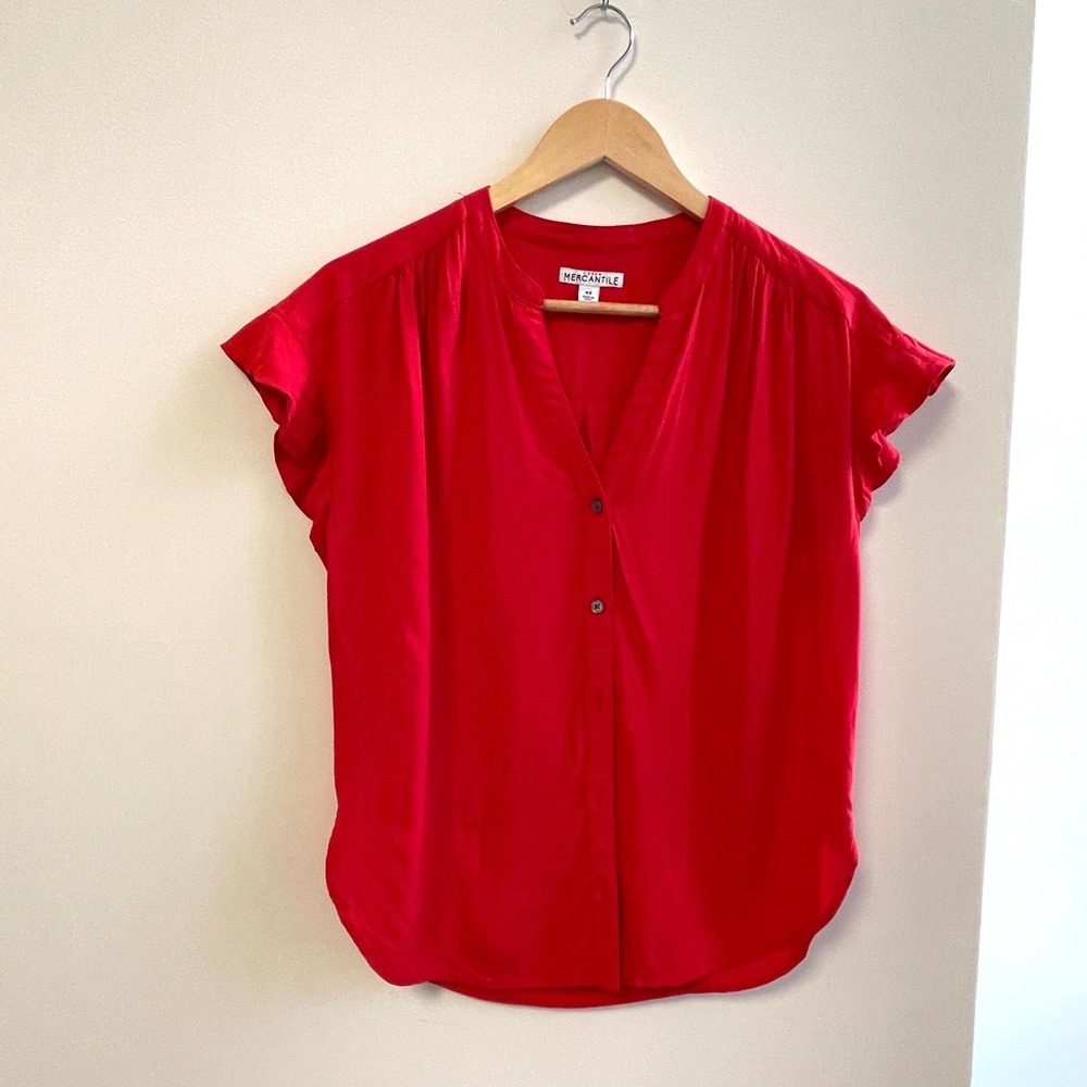 J Crew Mercantile Red Blouse XSButton Down V-neck cap sleeve blouses top